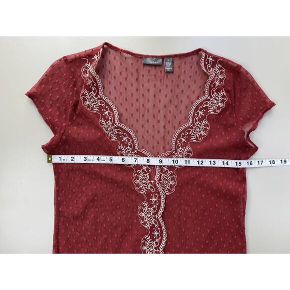 VTG Y2K Sheer Babydoll Top Womens S Red Embroidered Trim Mesh 90s Fairy Grunge - Picture 6 of 12